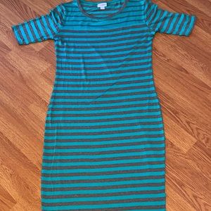 Women’s XS LuLaRoe Julia Striped Teal Gray Dress